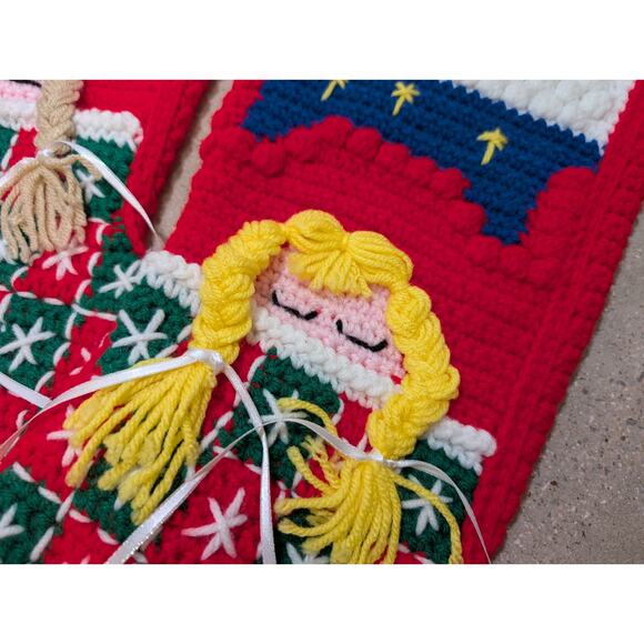 Pair of Vtg Crocheted Kitschy Christmas Stockings Handmade Sleeping Girl Appliqu - Picture 2 of 9